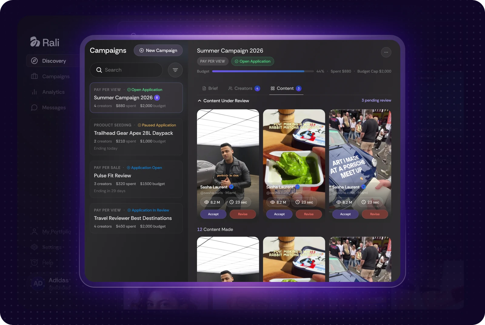 Campaign workspace listing active campaigns beside a content review grid with budgets and approval controls