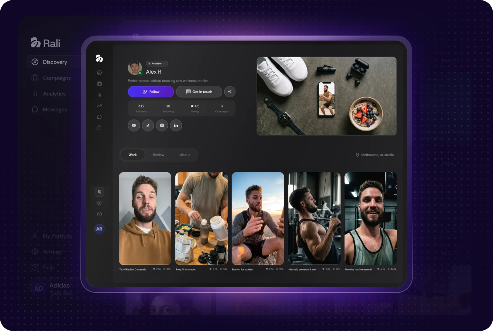 Creator portfolio page with profile details, follower stats and a gallery of published video work